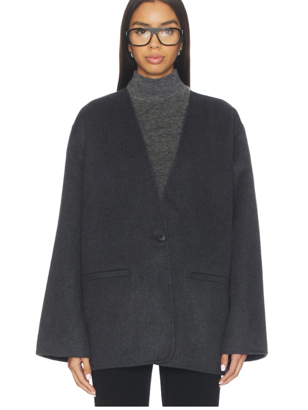 EAVES Ragni Wool Blend Collarless Coat in Charcoal Gray XS S